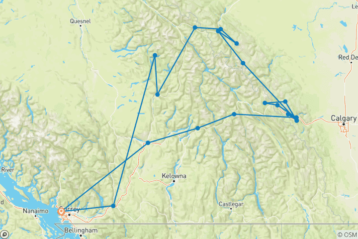 Carte du circuit Circuit de 7 jours dans les Rocheuses canadiennes avec le train Rocky Mountaineer