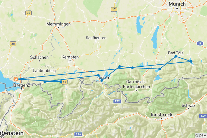 Carte du circuit De la mer de Souabe au lac de Tegern | Voyage guidé en vélo électrique
