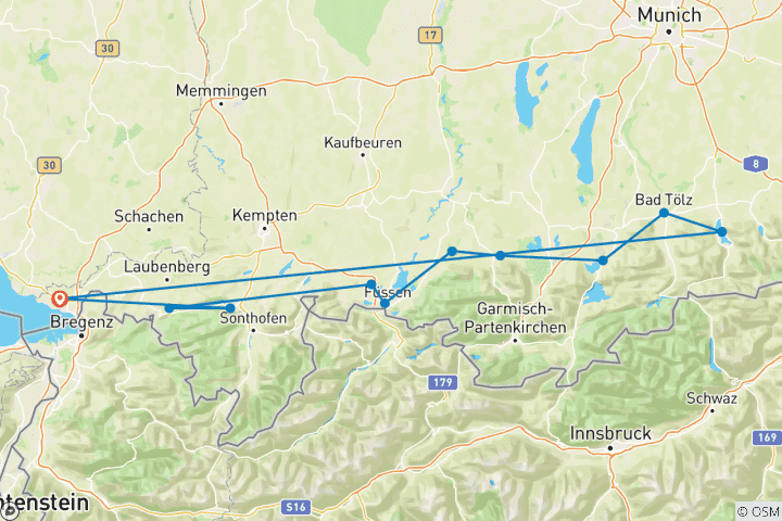 Karte von Vom Schwäbischen Meer an den Tegernsee | Geführte Ebike Reise