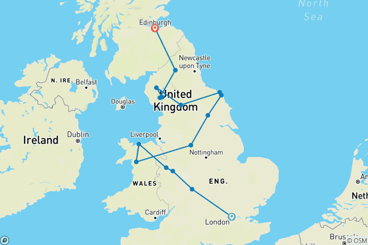 Karte von Abenteuer von London nach Edinburgh - 8 Tage