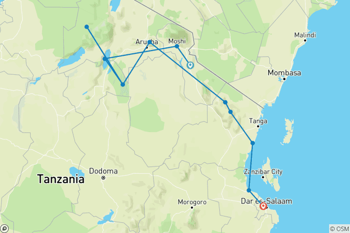 Map of Tanzania Self-Drive Tour Kaskazi