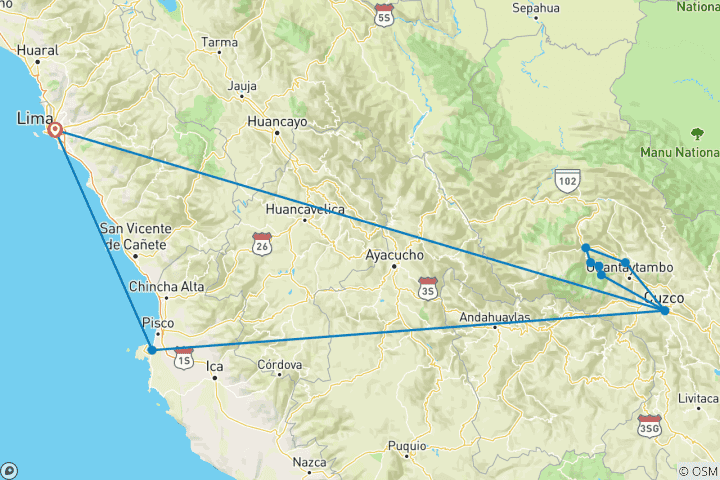 Carte du circuit Exploration du Pérou 8 jours - Lima, Andes et aventure dans la jungle inca jusqu'au Machu Picchu (avec vols locaux inclus)