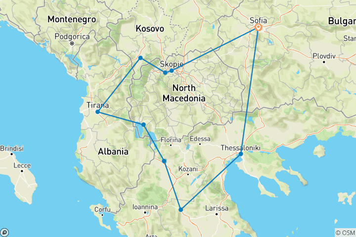 Carte du circuit 5 pays des Balkans au départ de Sofia