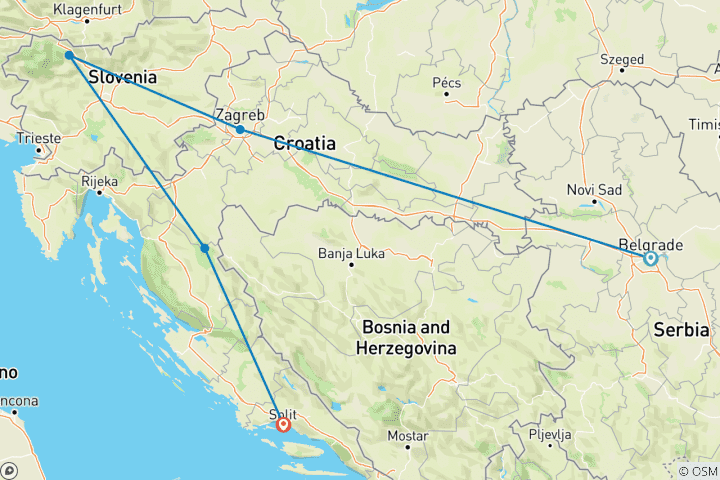 Mapa de Lo más destacado de Serbia, Eslovenia y Croacia