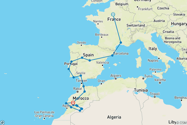 Mapa de Francia, España, Portugal y Marruecos