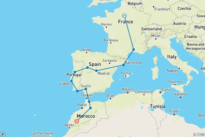 Kaart van Reis van Parijs naar Marrakech (inclusief Olhao)