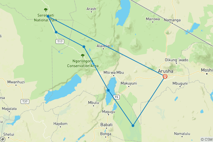 Carte du circuit Safari de 3 jours en voiture et retour en avion - Serengeti