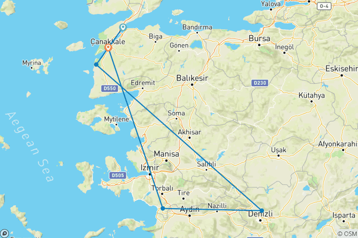 Carte du circuit CIRCUIT DE 4 JOURS AUTOUR DE L'ANZAC ET DE L'ÉPHÈSE