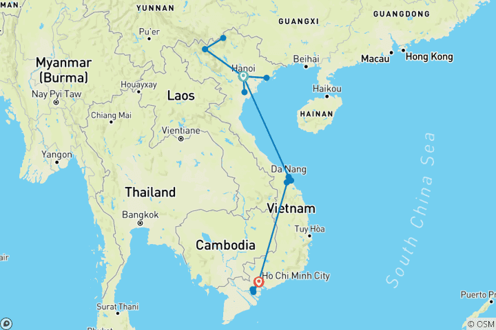 Map of 12 Days Highlight Vietnam from North down to South