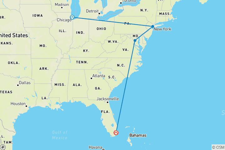 Carte du circuit Aventure aux États-Unis : City Hopping sur la côte Est