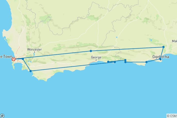 Map of Garden Route and Addo (7 Days)