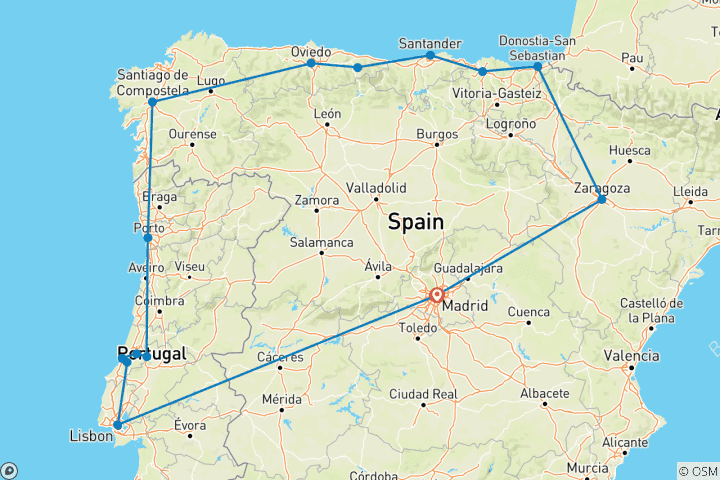 Kaart van 16 dagen Noord –Spanje&Portugal vanuit Madrid.