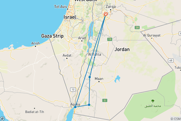 Carte du circuit 5 jours à Amman, Madaba, Petra et Aqaba.