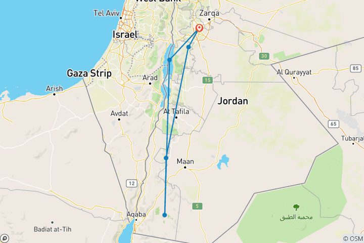Carte du circuit 6 jours à Amman, Madaba et la mer Morte.