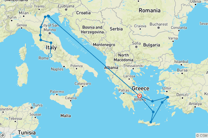 Map of Best of Italy and Greece with 3-day cruise