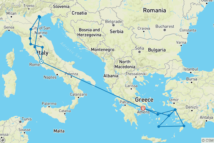 Map of Best of Italy and Greece with 4-day cruise