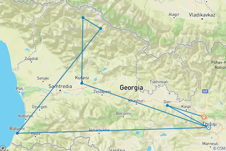 Map of 11-day end-to-end Georgia adventure private tour