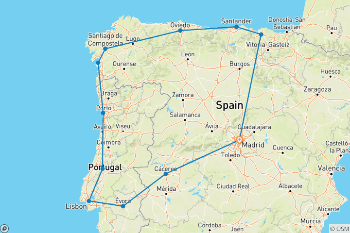 Kaart van Reis naar Madrid, Lissabon, Porto, Santiago, Oviedo & Santander – 10 dagen