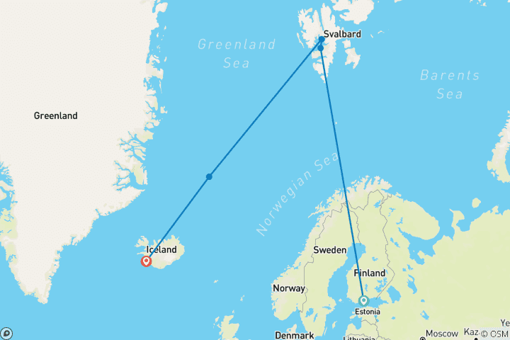 Carte du circuit Voyage ultime dans l'Arctique : Du Svalbard à Jan Mayen en passant par l'Islande, opéré par Quark