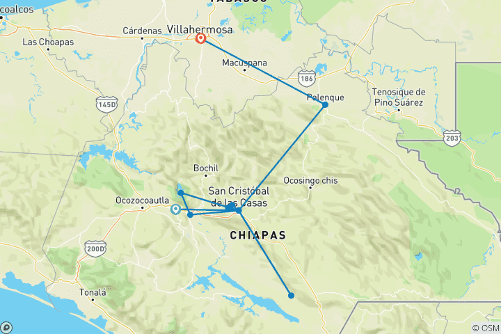 Carte du circuit Circuit culturel privé de 8 jours au Chiapas avec excursions en journée