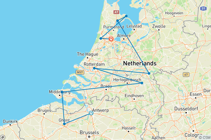 Kaart van Tulpen & windmolens – van Amsterdam naar Antwerpen – 2025