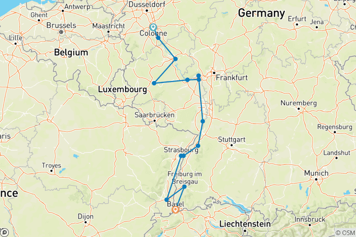 Carte du circuit Marchés de vacances sur le Rhin (2025) (de Cologne à Bâle, 2025)