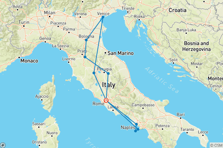 Map of 11 Days Tour in Italy from Rome to Capri.