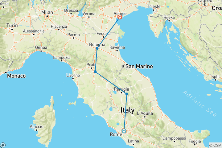 Map of 5 Days Rome, Assisi, Siena, Florence, Bologna, Padua & Venice.