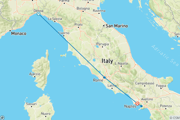 Kaart van 8 dagen in Rome&Napels vanuit Genua.