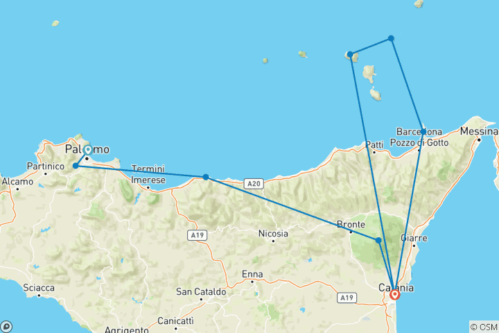 Carte du circuit 9 jours de Palerme aux îles Éoliennes.