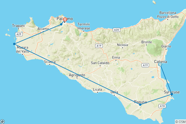 Carte du circuit Circuit de 6 jours en Italie de Catane à Palerme.