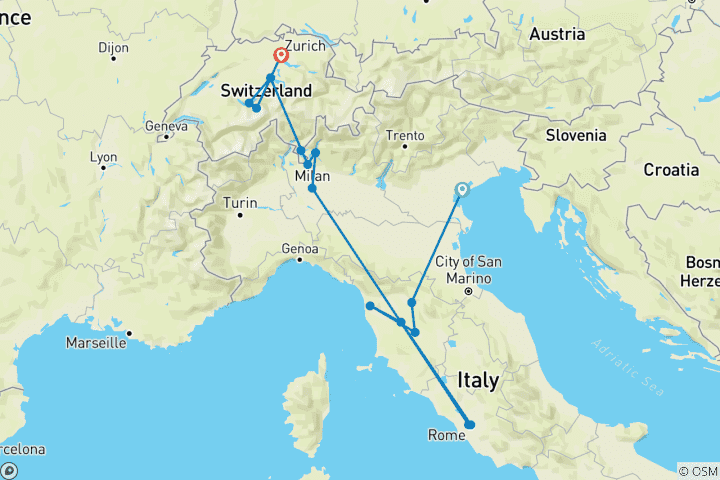 Carte du circuit Les incontournables de l'Italie et de la Suisse (circuit de 15 jours)