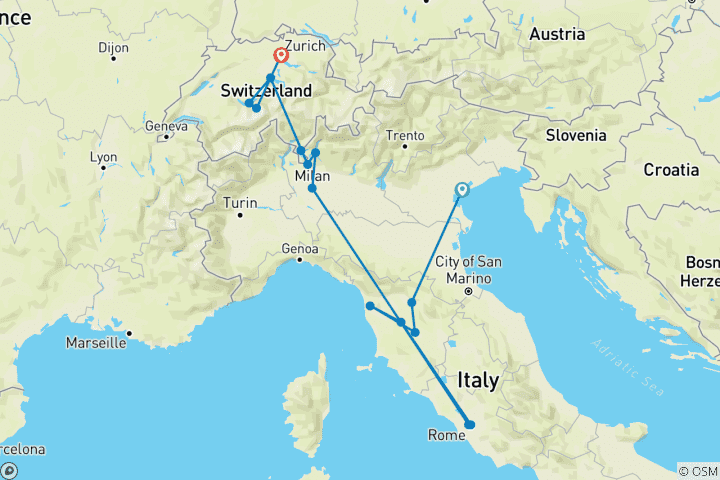 Mapa de Paquete turístico de 15 días por lo más destacado de Italia y Suiza