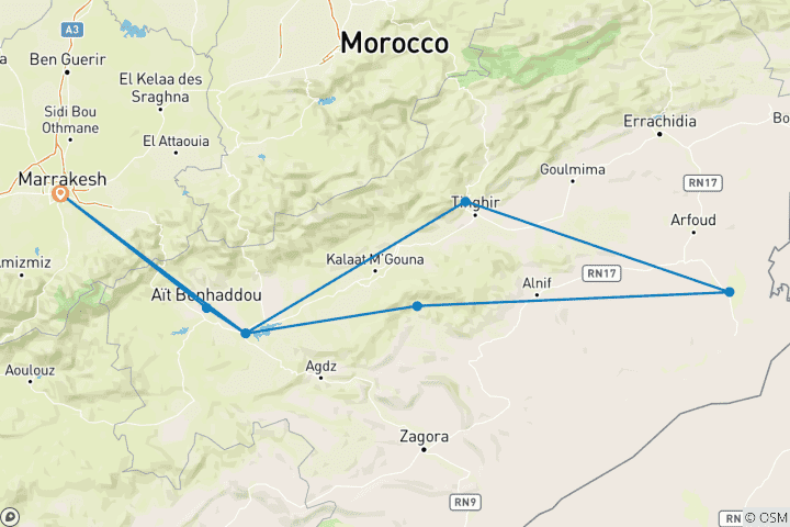 Map of MARRAKECH to MARRAKECH (9 days) Souks & Sand Dunes