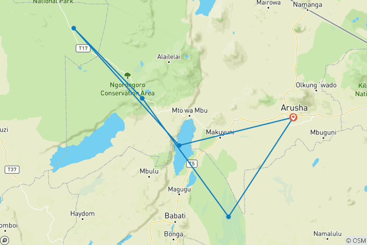 Mapa de Safari de 7 días por el norte de Tanzania