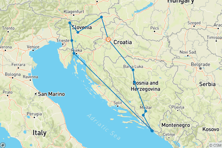 Carte du circuit 9 jours à Zagreb, Sarajevo, Dubrovnik, Split, Opatija et Ljubljana