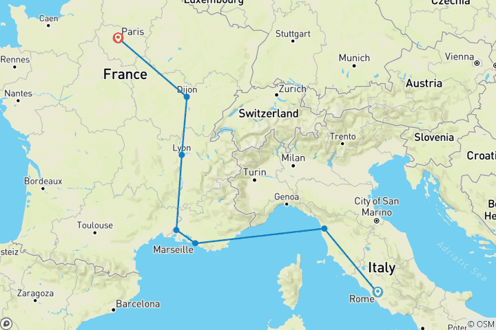 Map of 8 Days in Rome, Pisa, Nice, Lyon and Paris.