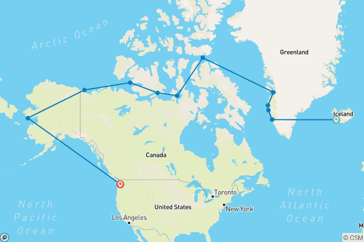 Carte du circuit Passage du Nord-Ouest - À travers le labyrinthe arctique (du Groenland à l'Alaska)