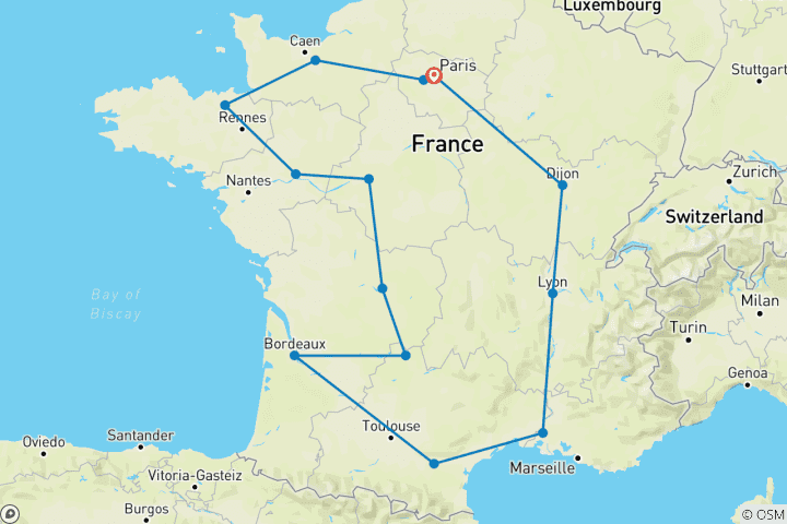 Carte du circuit 15 jours à Paris, Caen, Rocamadour et Burdeaux.