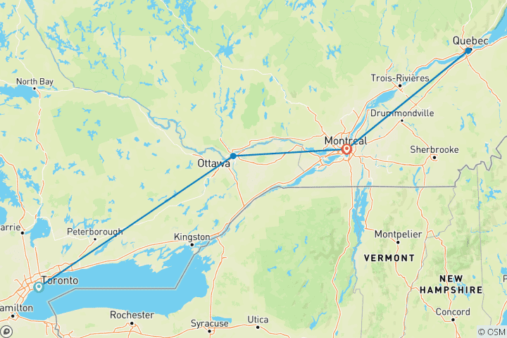 Map of Eastern City Lights: Toronto to Quebec City by Rail