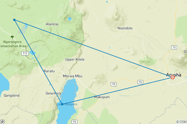 Map of 4 days Ngorongoro Crater & Lake Manyara Safari