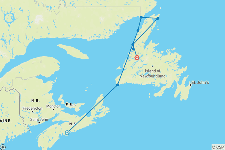 Carte du circuit La piste des Vikings de Terre-Neuve et du Labrador depuis Halifa