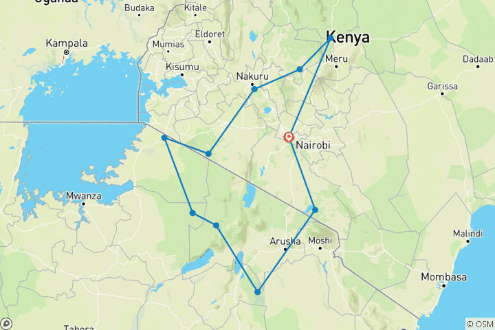 Carte du circuit Safari de migration dans le Mara, le Cratère et le Serengeti en Afrique de l'Est