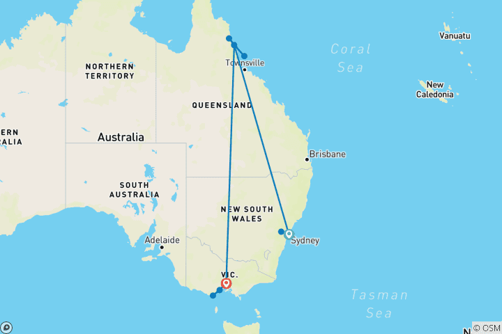 Carte du circuit Icônes australiennes - Sydney, Cairns et Melbourne