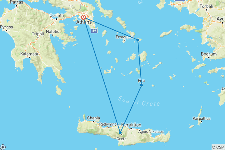 Karte von Athen, Mykonos, Santorin, Kreta und Heraklion - 9 Tage