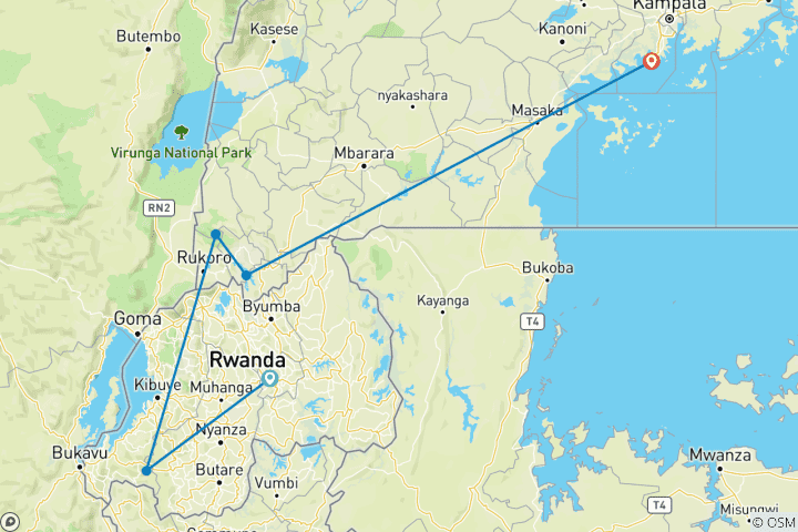 Mapa de 8 días de vacaciones activas en Uganda y Ruanda