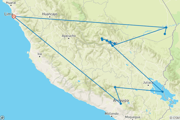 Map of Highlights Between Machu Picchu and the Amazon Rainforest