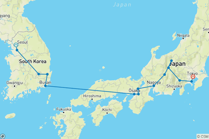 Mapa de En un viaje de descubrimiento entre el kimchi y el sushi, Toyota y Samsung (from Seúl to Tokio)