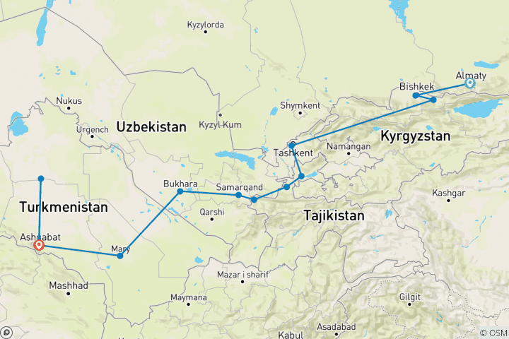 Karte von Kasachstan, Kirgisistan, Tadschikistan, Usbekistan & Turkmenistan Rundreise