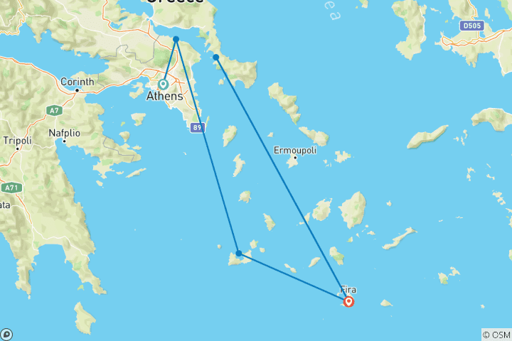 Kaart van 8 dagen in Griekenlandagenvan Athene naar Santorini.